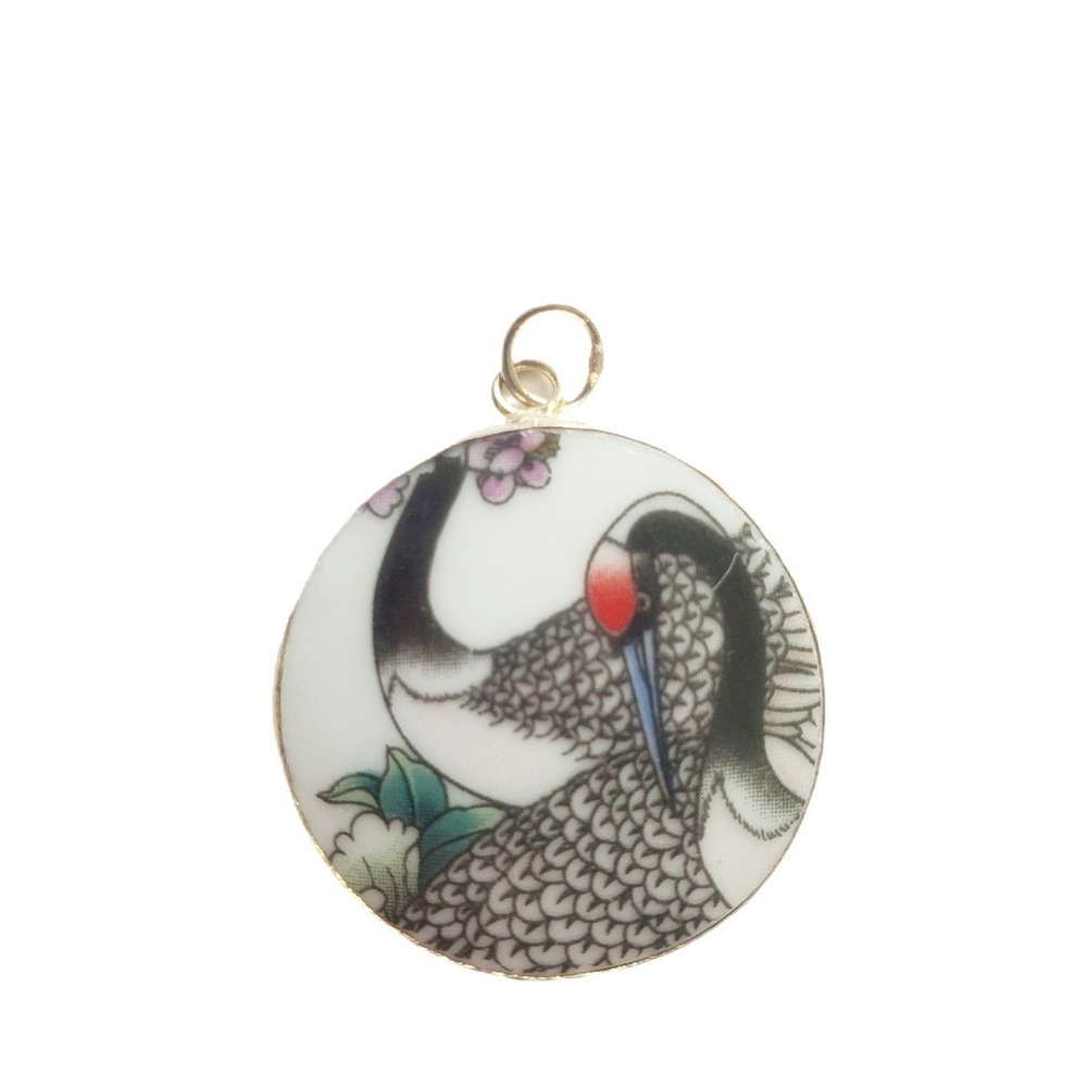 Red Crowned Japanese Crane Vintage Bird Transferware China Pottery Shard Pendant